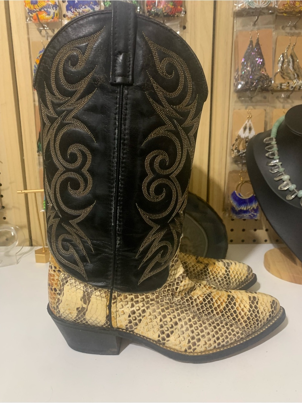 American Vintage Black and Tan Snakeskin Cowboy Boots